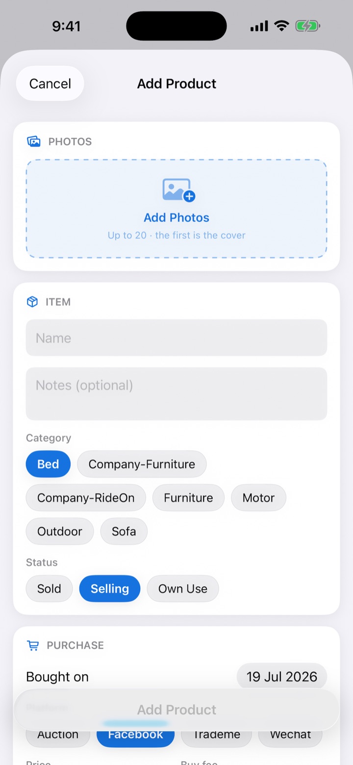 Add Product form with photo picker, name field and category chips