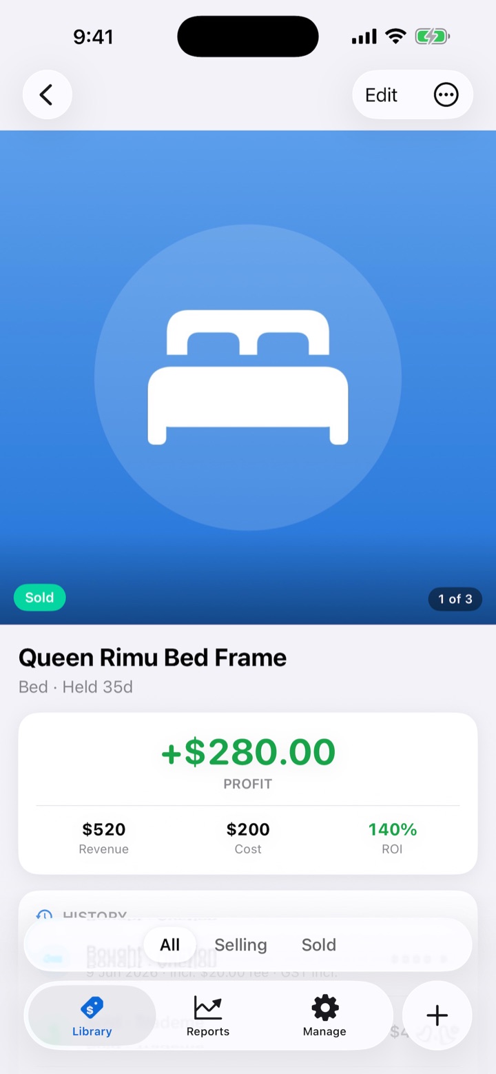 Sold product detail showing +$280 profit, revenue, cost and 140% ROI