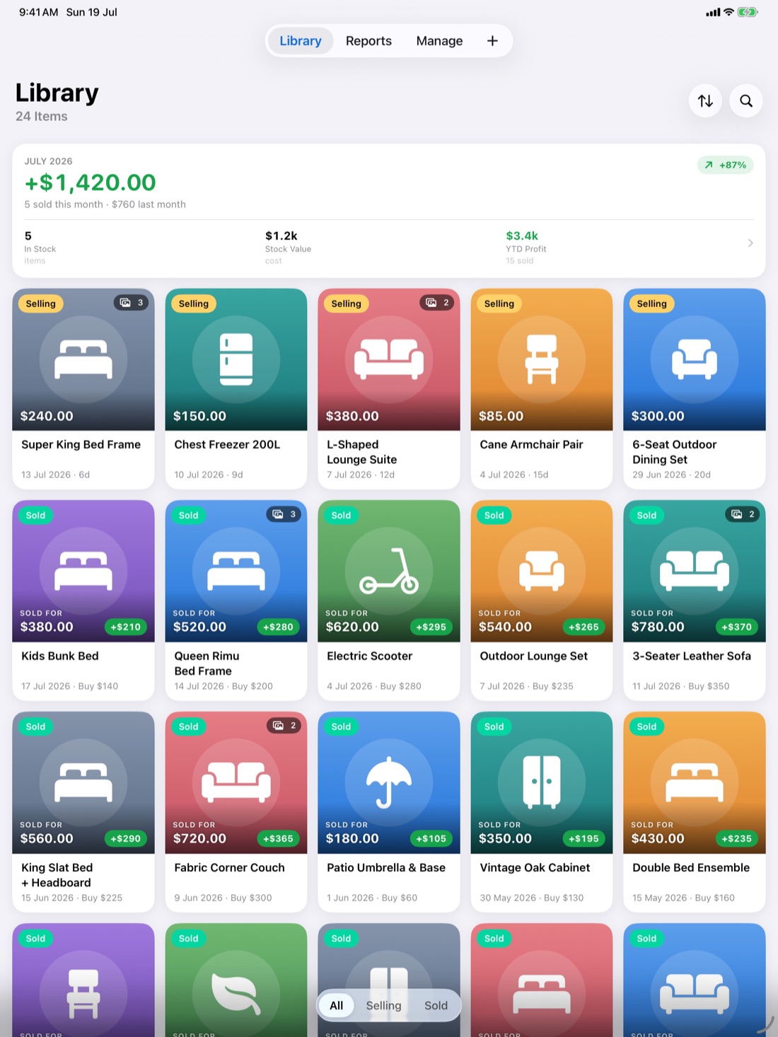 SoldFor on iPad: a five-column product grid with the monthly summary card on top