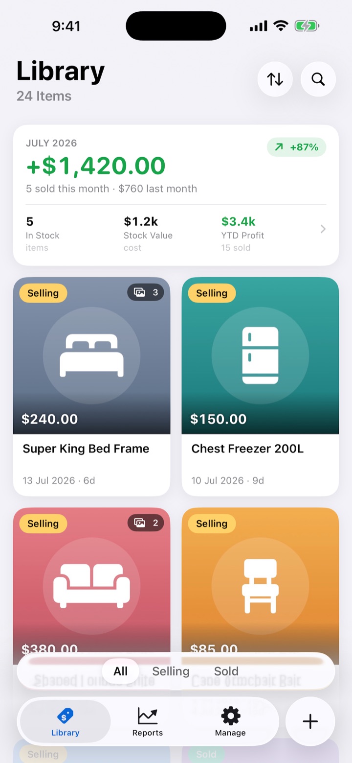 SoldFor Library screen: a grid of product cards with prices, statuses and profit chips, topped by a monthly profit summary card