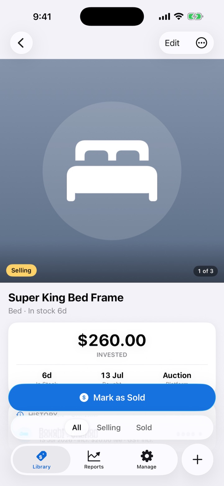 Product detail screen for an unsold item showing the invested amount and a prominent Mark as Sold button